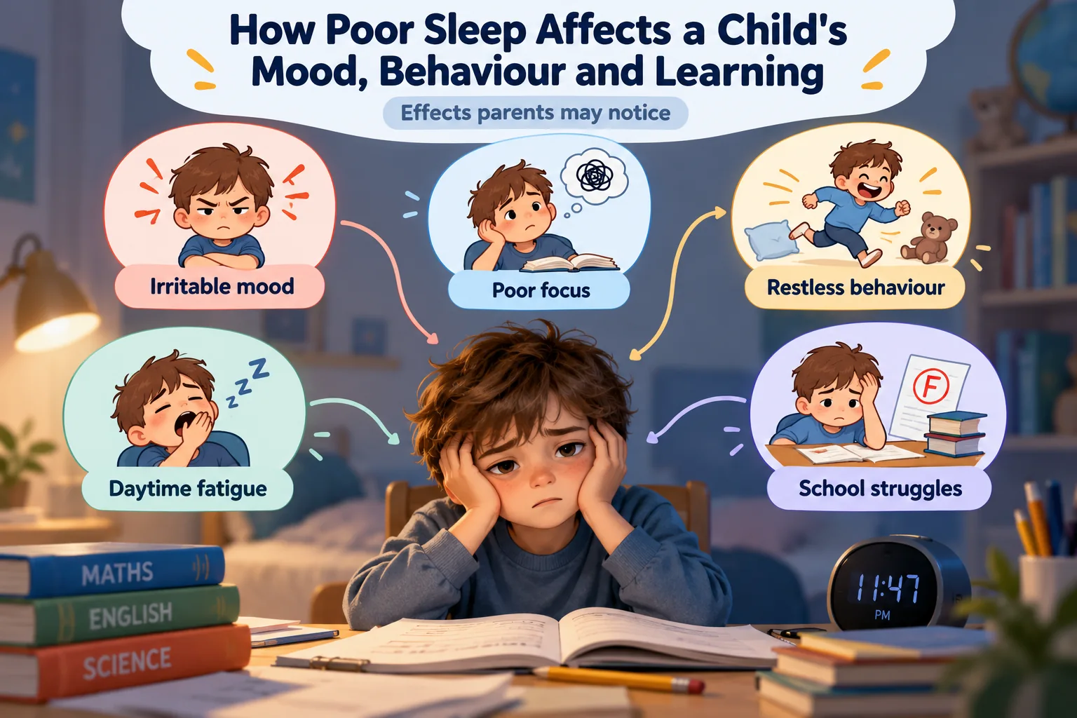 How Lack of Sleep Affects Children's Mood and Behaviour 3 Infographic showing how poor sleep affects children's mood, focus, behaviour, daytime energy and school performance