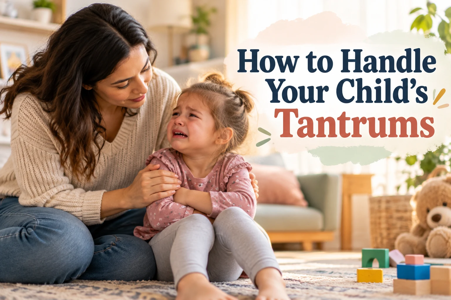 Parent calmly comforting a child during a tantrum at home