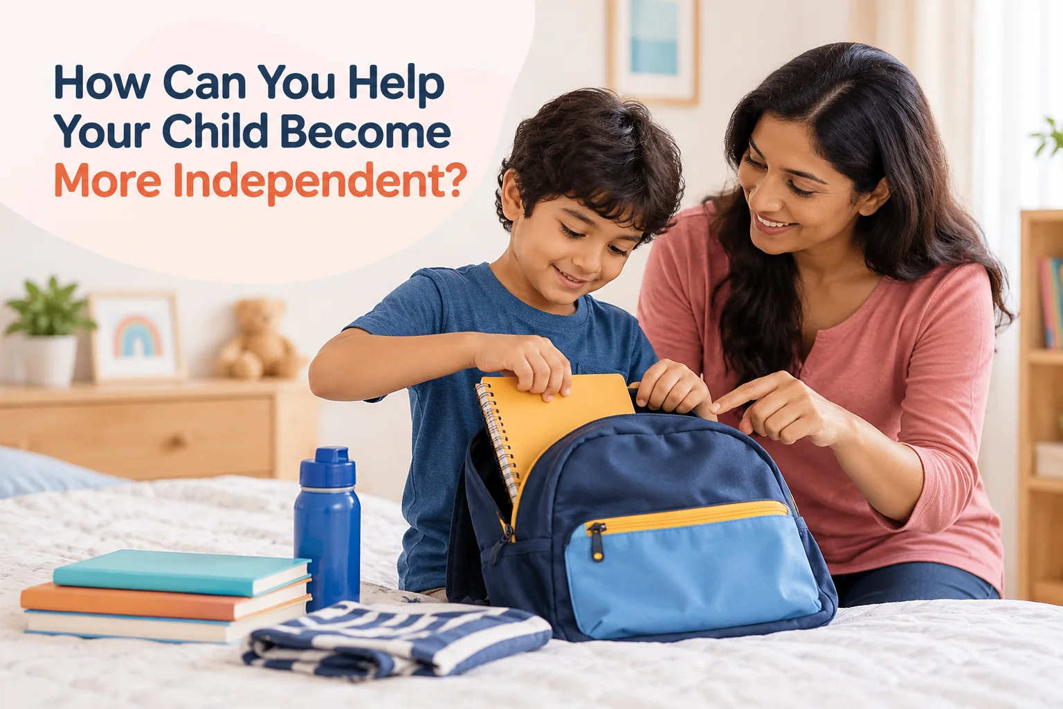 Why Won't My Child Do Things Independently? 3 Mother guiding her child as he independently packs his school bag, helping him develop confidence and everyday life skills.
