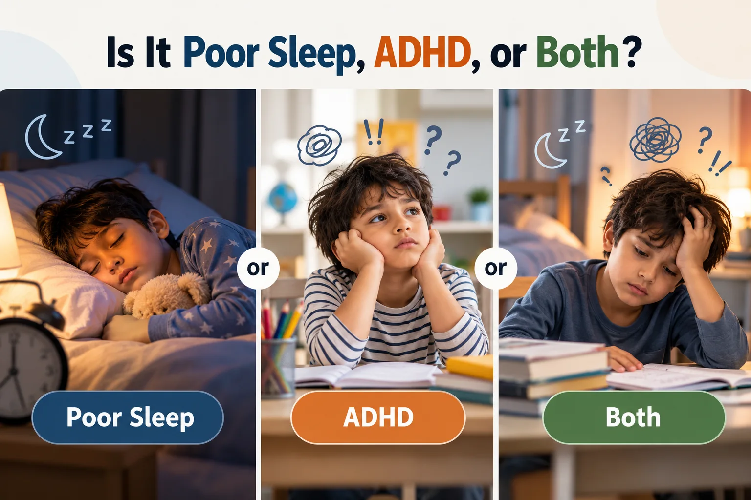 Three-panel infographic illustrating poor sleep, ADHD and both conditions in children, with examples of tiredness and difficulty concentrating