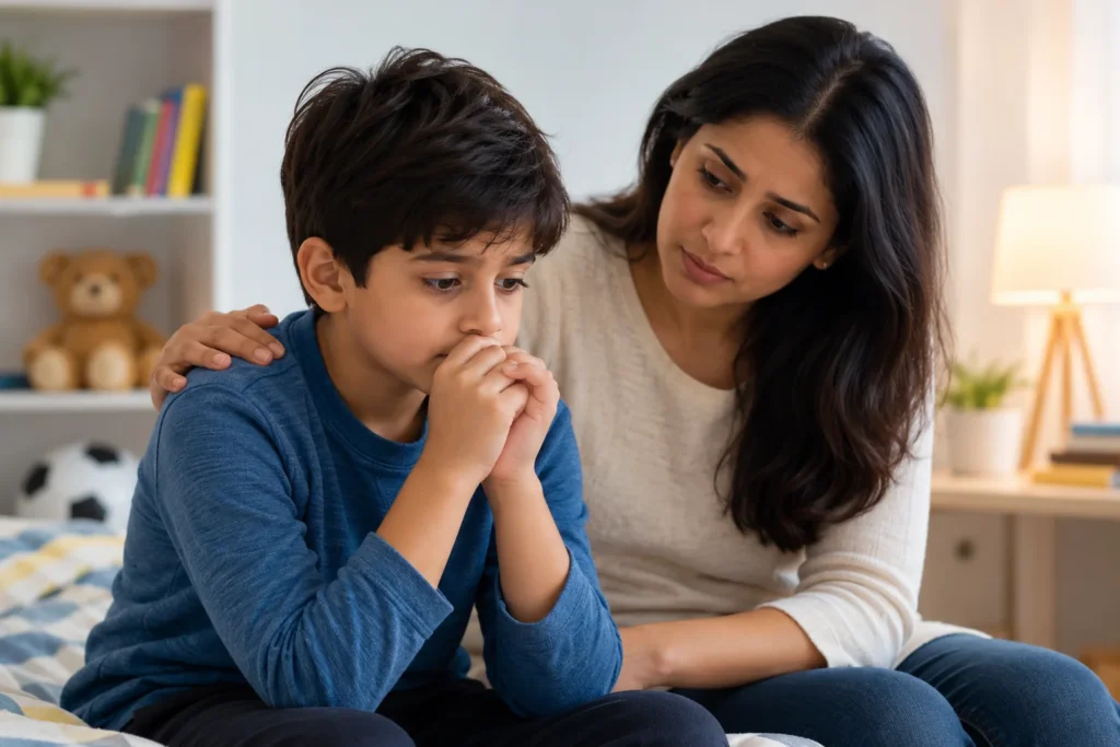 Mother comforting her worried child showing possible early signs of OCD