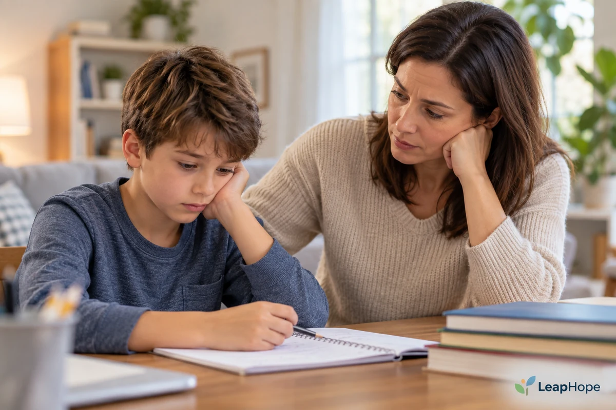 Parent concerned about a boy showing signs of low self-esteem during homework