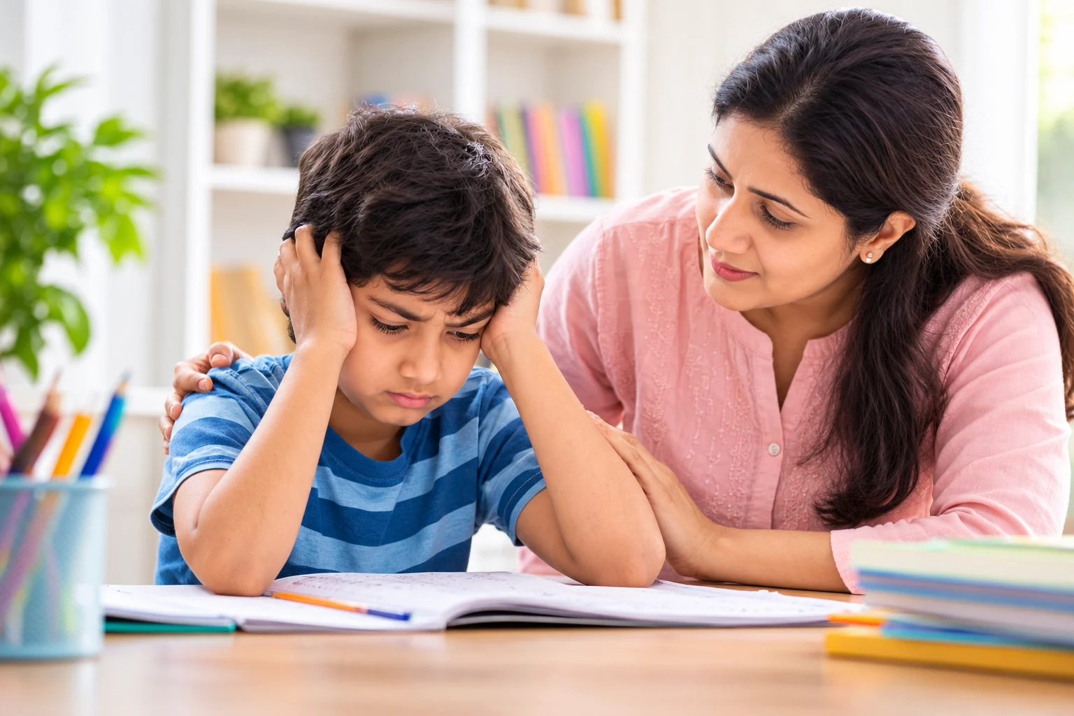 Is My Child a Perfectionist? Fear of Mistakes and Self-Criticism 3 Parent supporting a boy struggling with perfectionism and mistakes
