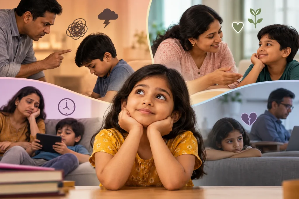 Four parenting styles showing strict discipline, supportive parenting, permissive parenting and emotional neglect and their effects on children.