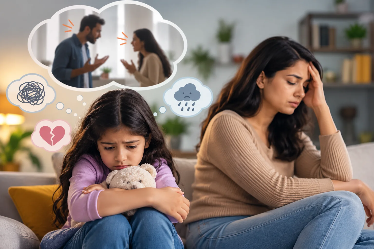 How Does Parents' Fighting Affect Children? 3 Sad young girl holding a teddy bear beside her stressed mother, with a thought bubble showing parents arguing at home.
