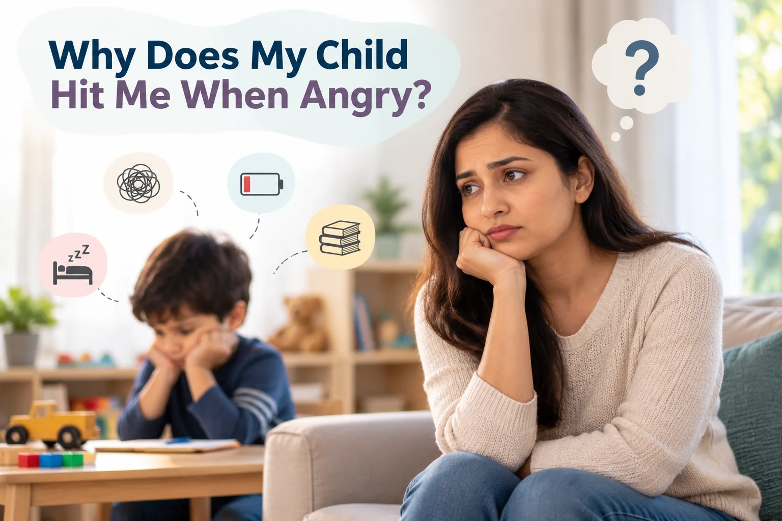 Worried parent thinking about reasons a child may hit when angry