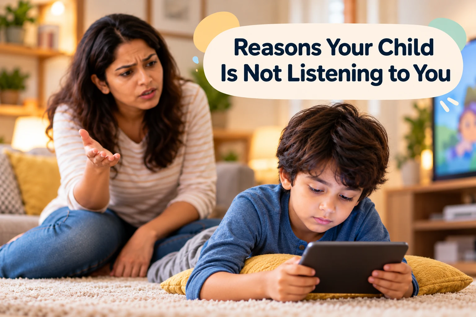 Why Is My Child Not Listening to Me? Causes and What Helps 3 Child ignoring parent while watching videos on a tablet at home