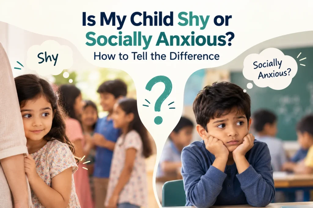 Shyness vs social anxiety in children illustrated by a shy girl standing near an adult and a worried boy sitting in a classroom.
