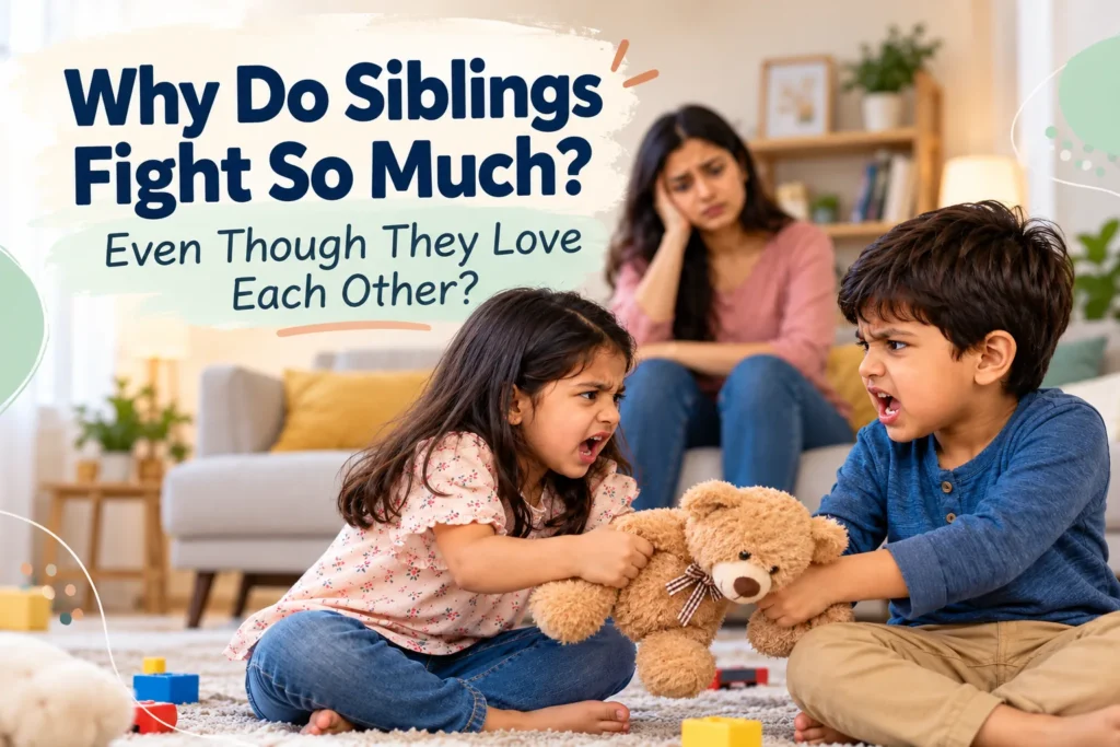 Why Do Siblings Fight So Much? 7 Causes & What Helps 2 Two young siblings arguing over a teddy bear while their stressed mother watches, illustrating sibling rivalry and frequent fighting between children.