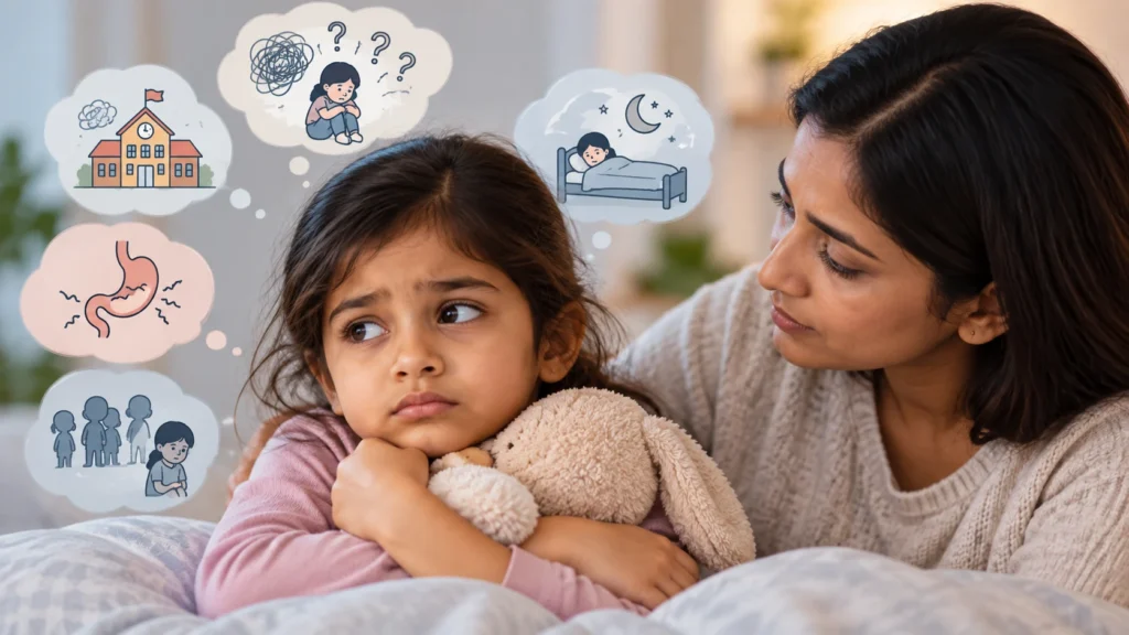 Signs of anxiety in children including worry, stomachaches, school stress and sleep problems