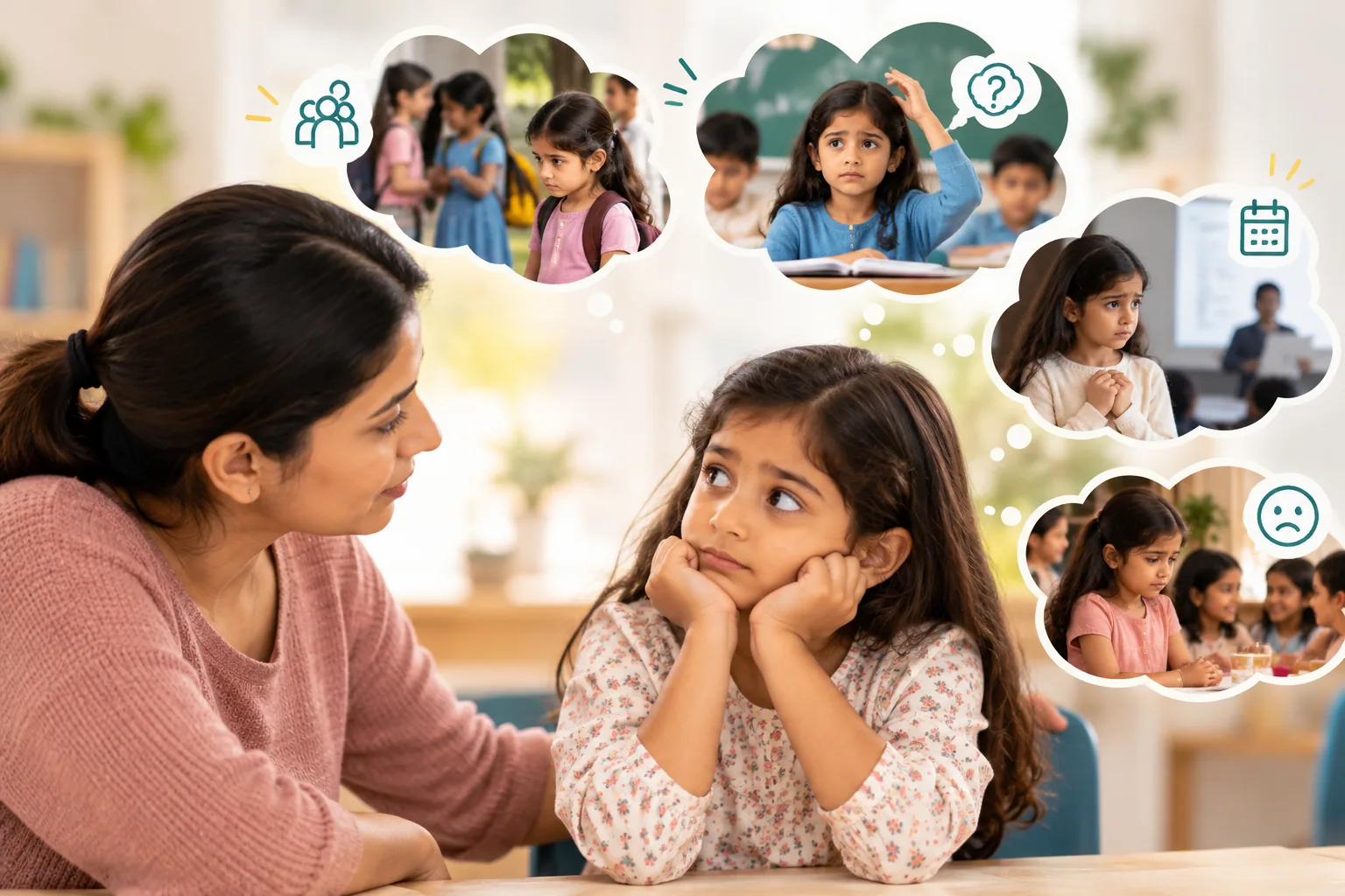 Is My Child Shy or Socially Anxious? How to Tell the Difference 3 Mother talking with her worried daughter, with thought bubbles showing difficult social situations at school and with other children.