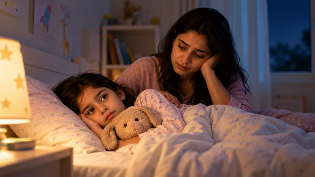 Mother comforting her child who is having trouble sleeping at night