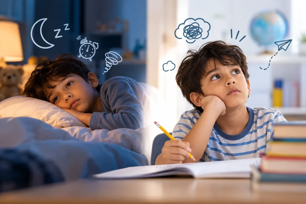 Child struggling to sleep at night and appearing distracted during schoolwork, illustrating how sleep problems can resemble ADHD symptoms
