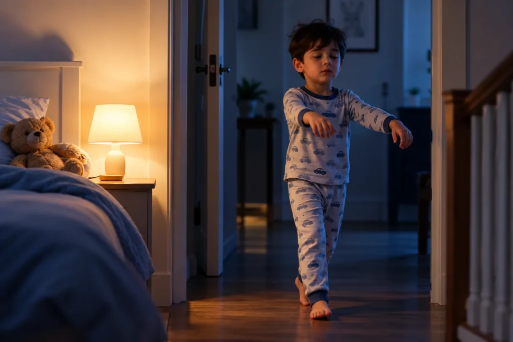 Young child sleepwalking through a hallway at night with eyes partly open, illustrating sleepwalking in children