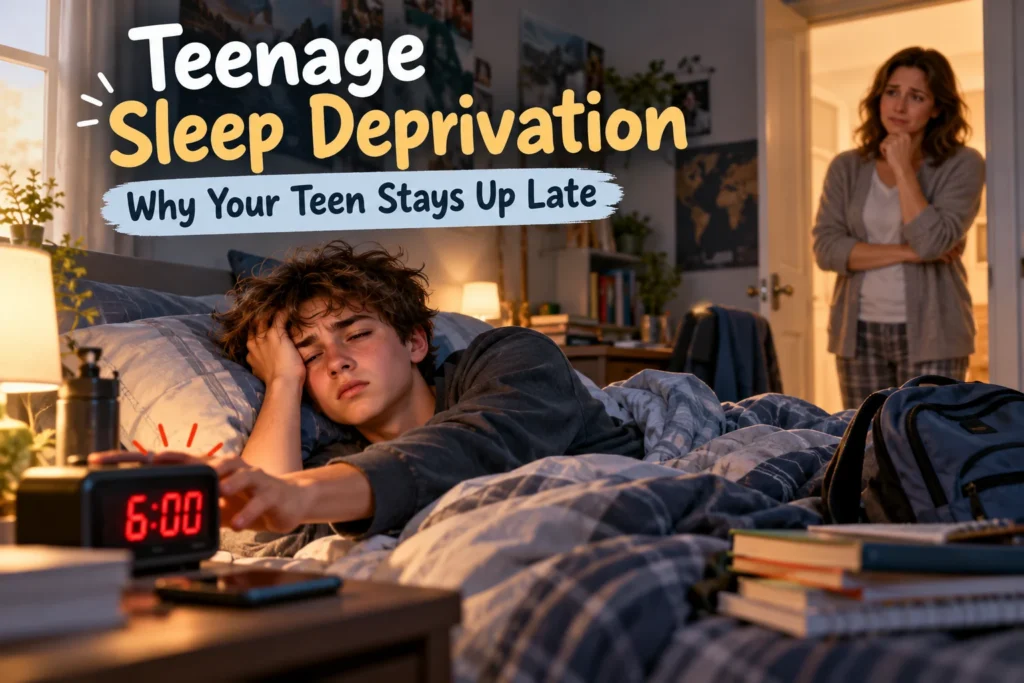 Sleep-deprived teenager struggling to wake at 6 AM while his worried mother watches from the bedroom doorway
