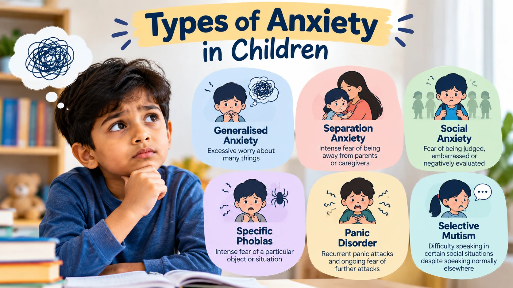 Types of anxiety in children including generalised anxiety, separation anxiety, social anxiety, phobias, panic disorder and selective mutism