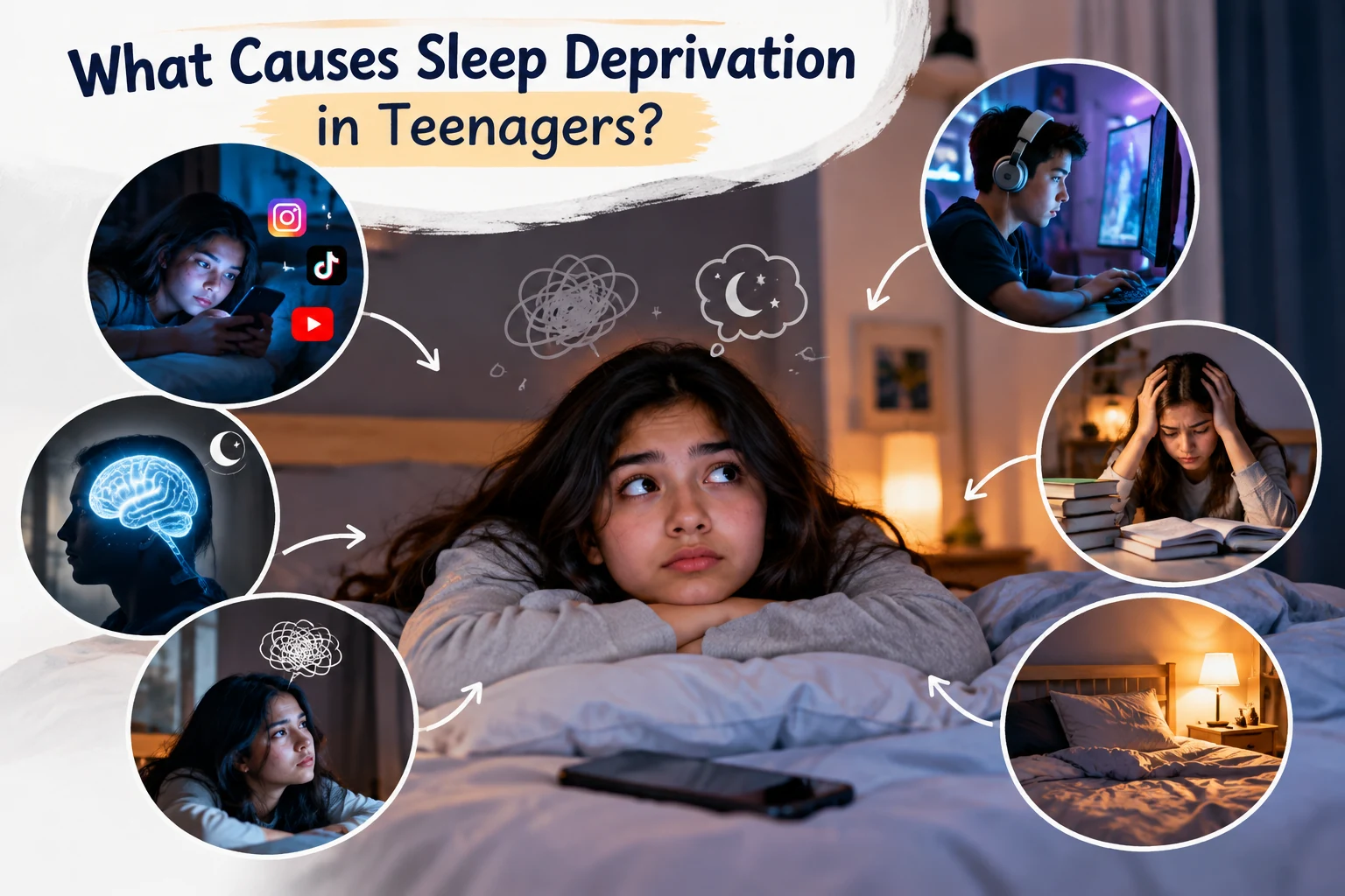 Infographic showing possible causes of teenage sleep deprivation, including social media, gaming, academic pressure and nighttime worries