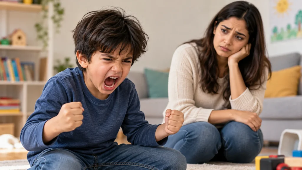 What Is DMDD In Kids? Persistent Irritability and Severe Outbursts in Children 2 Young boy having an angry outburst while his concerned mother sits nearby at home