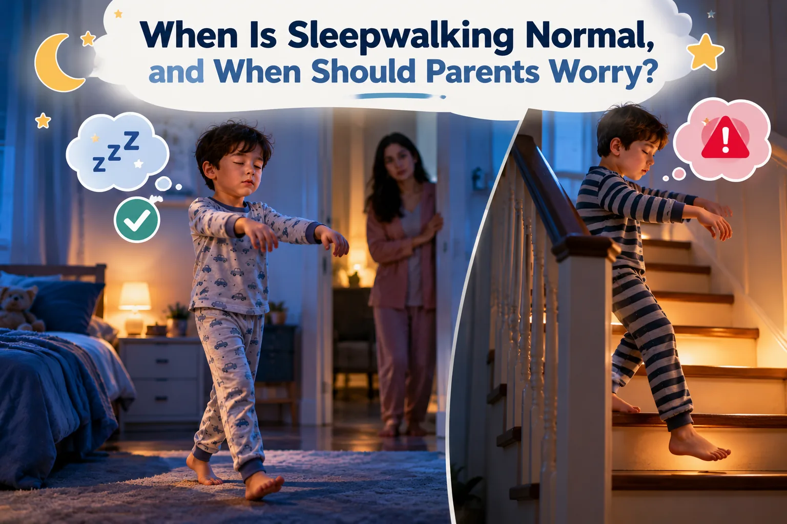 Comparison showing a child sleepwalking safely in a bedroom and another child sleepwalking near stairs, illustrating when parents should worry.