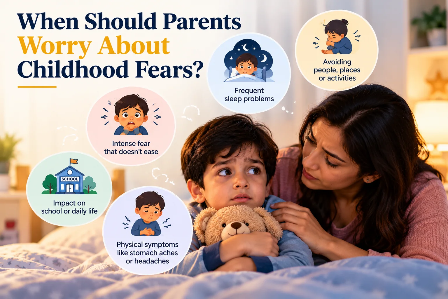Mother comforting a worried child with illustrations of persistent fear, sleep difficulties, avoiding activities and physical symptoms.