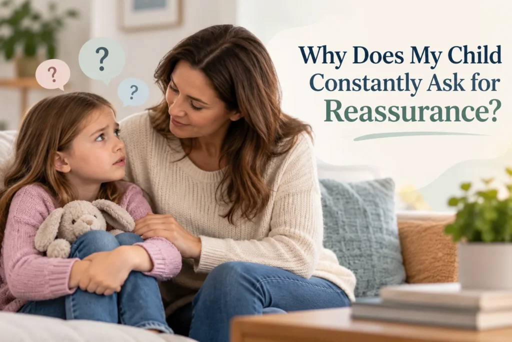 Why Does My Child Constantly Ask for Reassurance? 2 Worried young girl seeking reassurance from her mother while sitting together on a sofa.