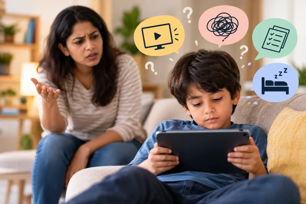 Why Is My Child Not Listening to Me? Causes and What Helps 2 Child ignoring mother while watching videos on a tablet at home