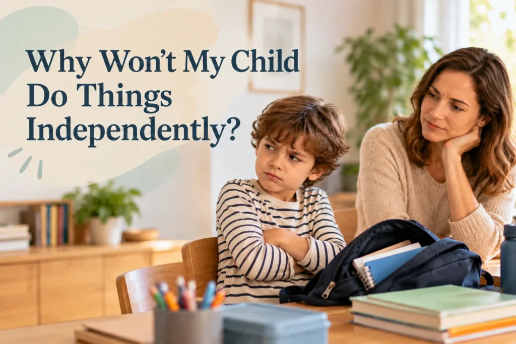 Child refusing to pack his school bag independently while his mother waits beside him.