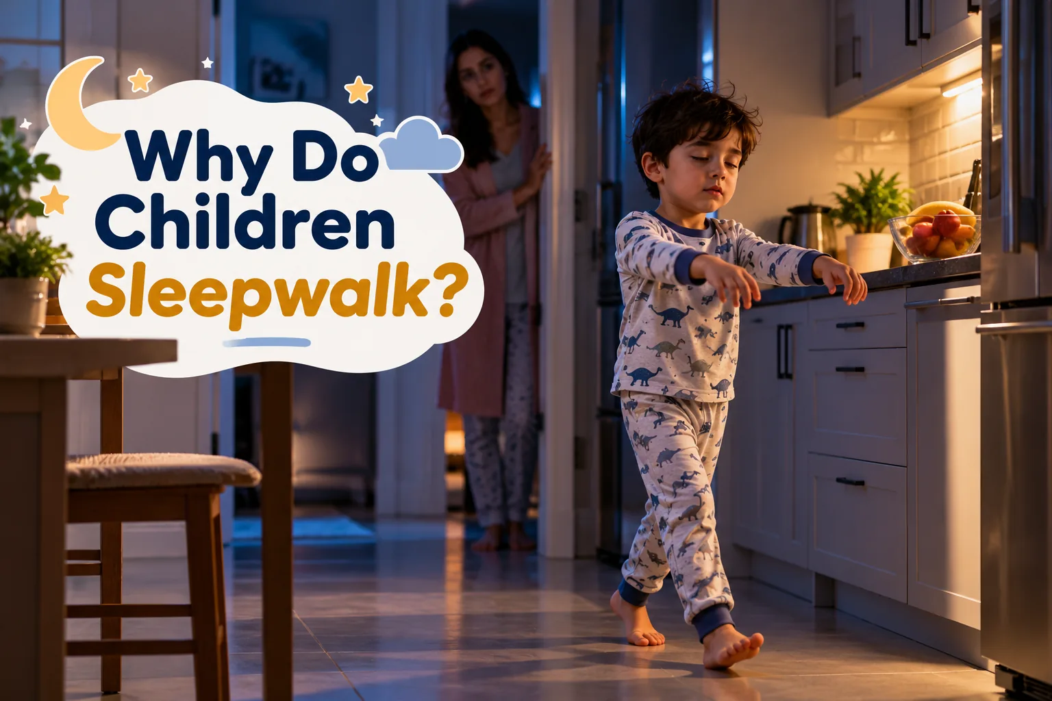 Child sleepwalking in the kitchen at night while his mother watches from the doorway.