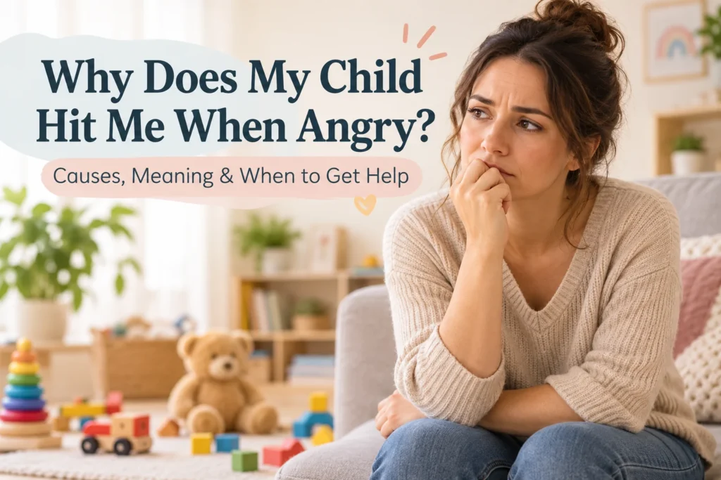 Worried parent thinking about why her child hits when angry